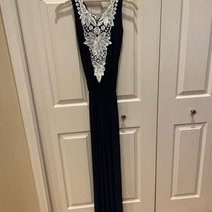 Stunning ASOS Navy Blue Maxi Dress with open back with White Lace Detail